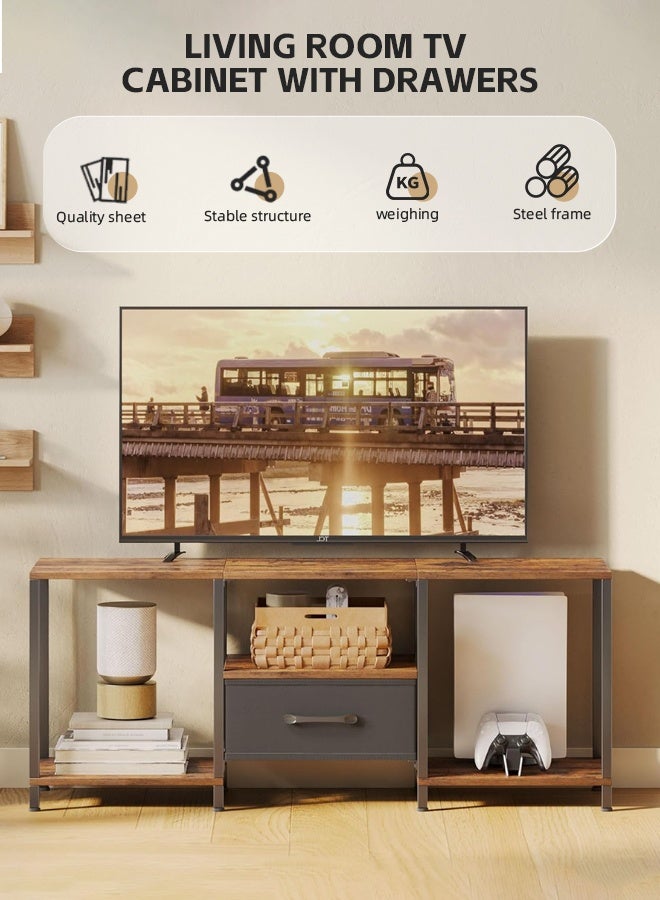 Ammar Space Rustic TV Stand with Storage Entertainment Center with Open Shelves and Fabric Drawer Media Console for 55 Inch TV Television Stands for Living Room, Bedroom, Brown - Image 3